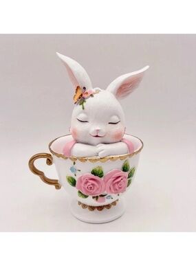 White Easter Bunny Rabbit in Rose Teacup Figurine Whimsical Decor Gold Trim New